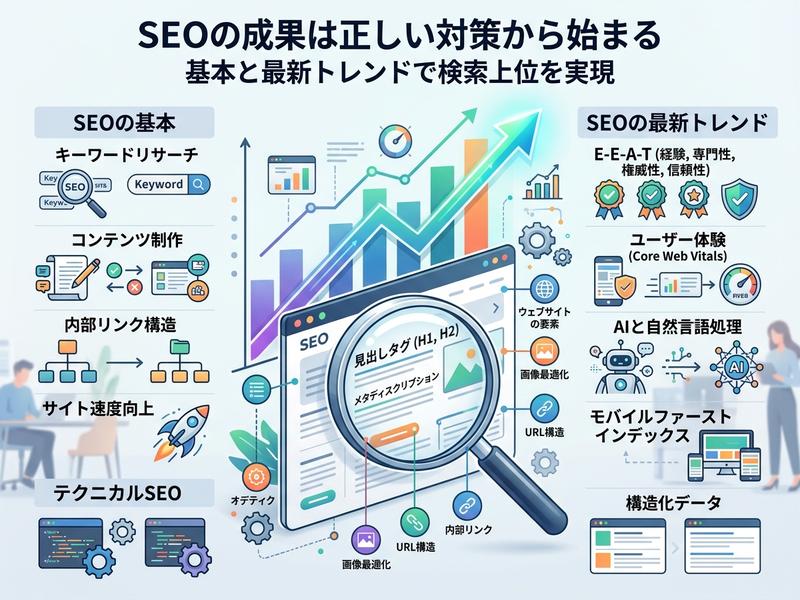 SEOの基本と最新トレンドを網羅し、検索上位表示を実現するための対策を示した図。