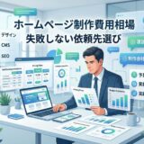 ホームページ制作の費用相場と依頼先選びを比較検討するビジネスマン。