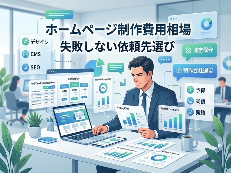 ホームページ制作の費用相場と依頼先選びを比較検討するビジネスマン。