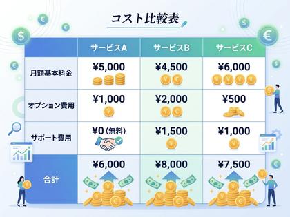 費用比較の表とお金のアイコンのイメージ