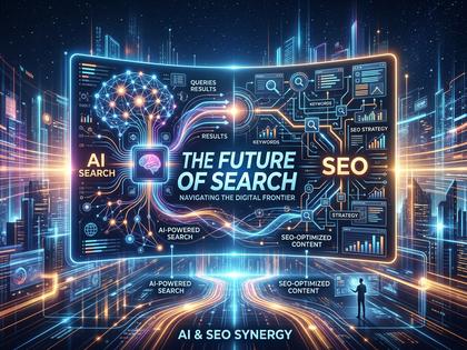 AI検索とSEOの関係を表現した未来的なイメージ画像