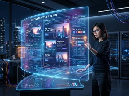 AIがWebデザインを生成している近未来的なイメージ