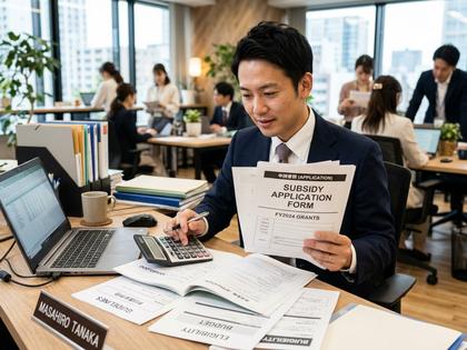 補助金申請書類と電卓を持つビジネスパーソンのイメージ