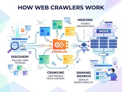 クローラーがWebサイトを巡回しインデックスする仕組みを示した図解